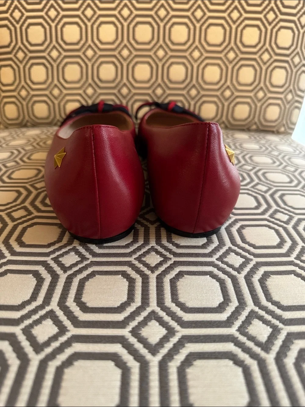 Gucci Red Leather Flats with Navy Ribbon Bow